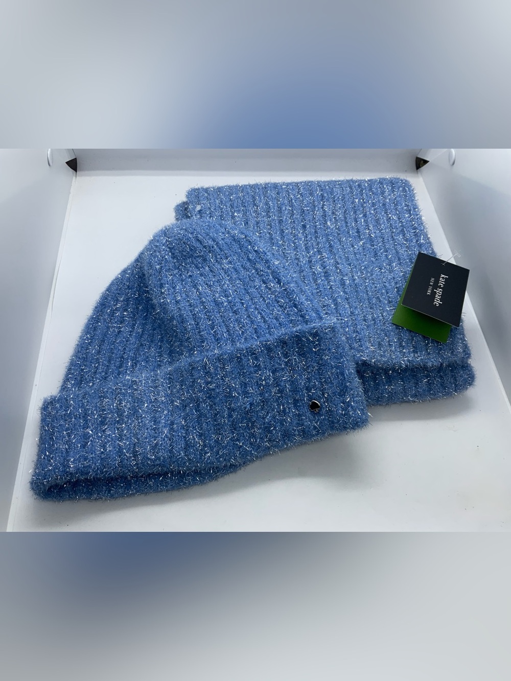 kate spade Light Blue Sparkle Ribbed Beanie and Scarf Set